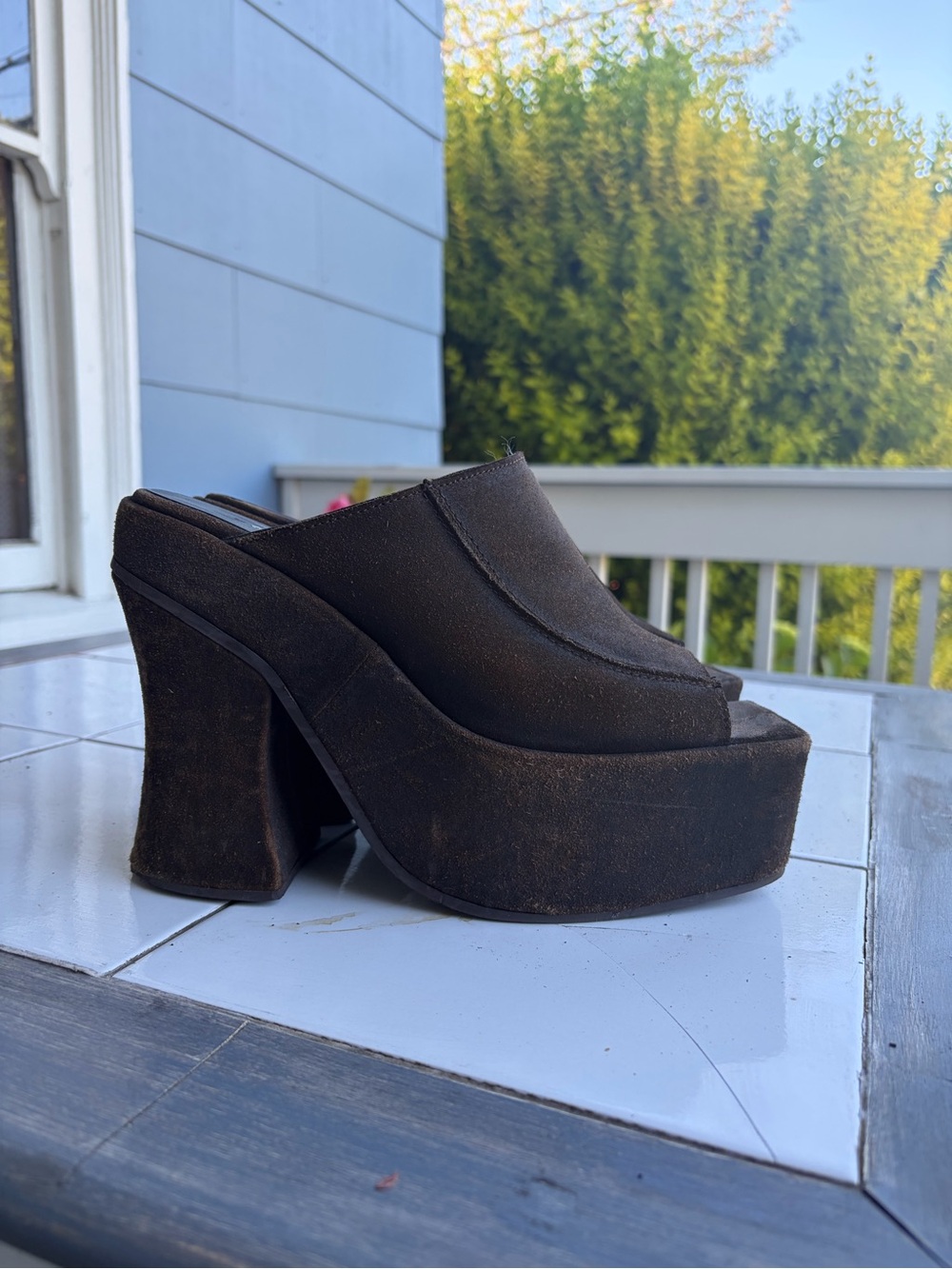 Eckhaus Latta Suede Mule Heels in Dark Brown